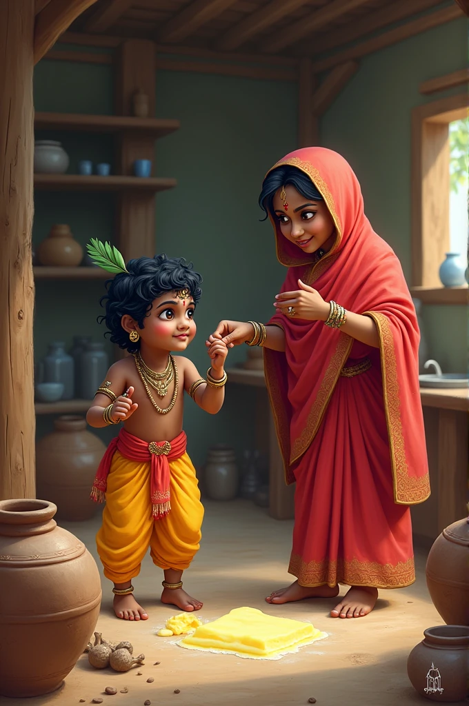 Krishna caught by Yashoda while stealing butter, looking innocent and mischievous.