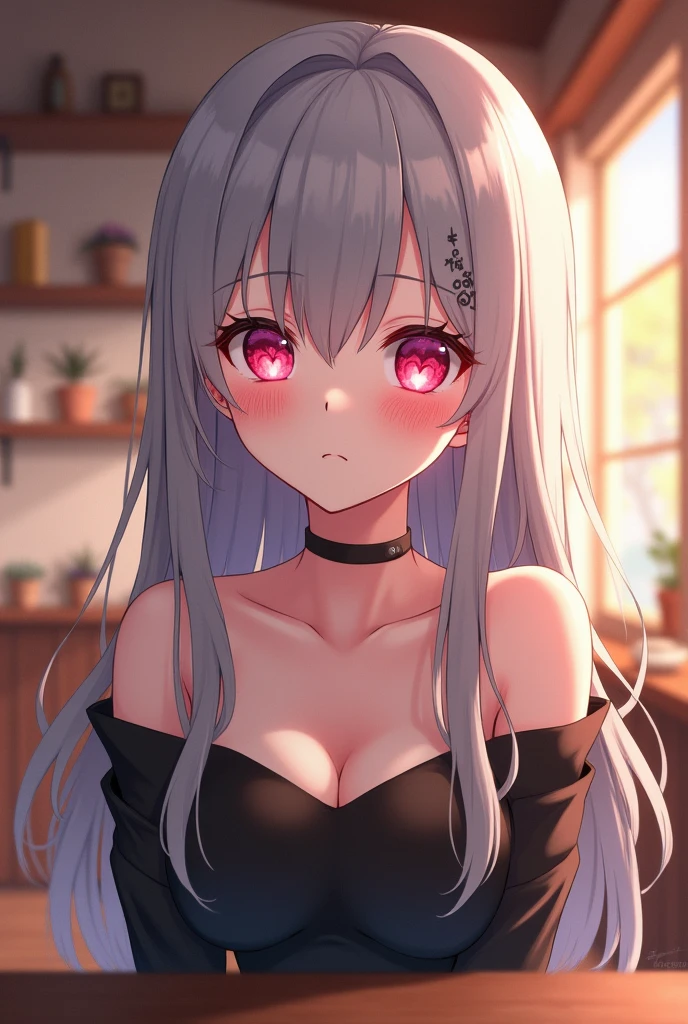 anime, grey hair, long hair, straight hair, heart-shaped pupils, dilated pupils, blush, red eyes, heart in eye, anime style, anime, UHD, masterpiece, anatomically correct, super detail, textured skin, high details, high quality, best quality, highres, 8k, pov date, UHD, retina, masterpiece, accurate, anatomically correct, textured skin, super detail, high details, high quality, award winning, best quality, best quality, highres, 16k, stunning, casual, pov, cafe, solo