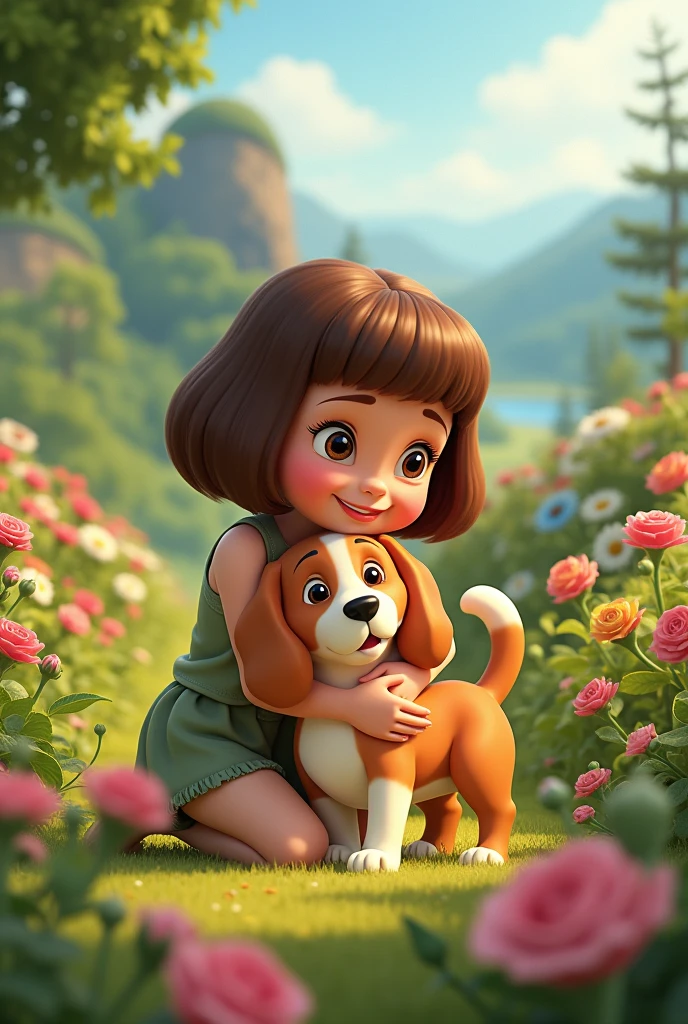 Please create a disney animated photo of a girl with bob hair hugging a beagle in the garden