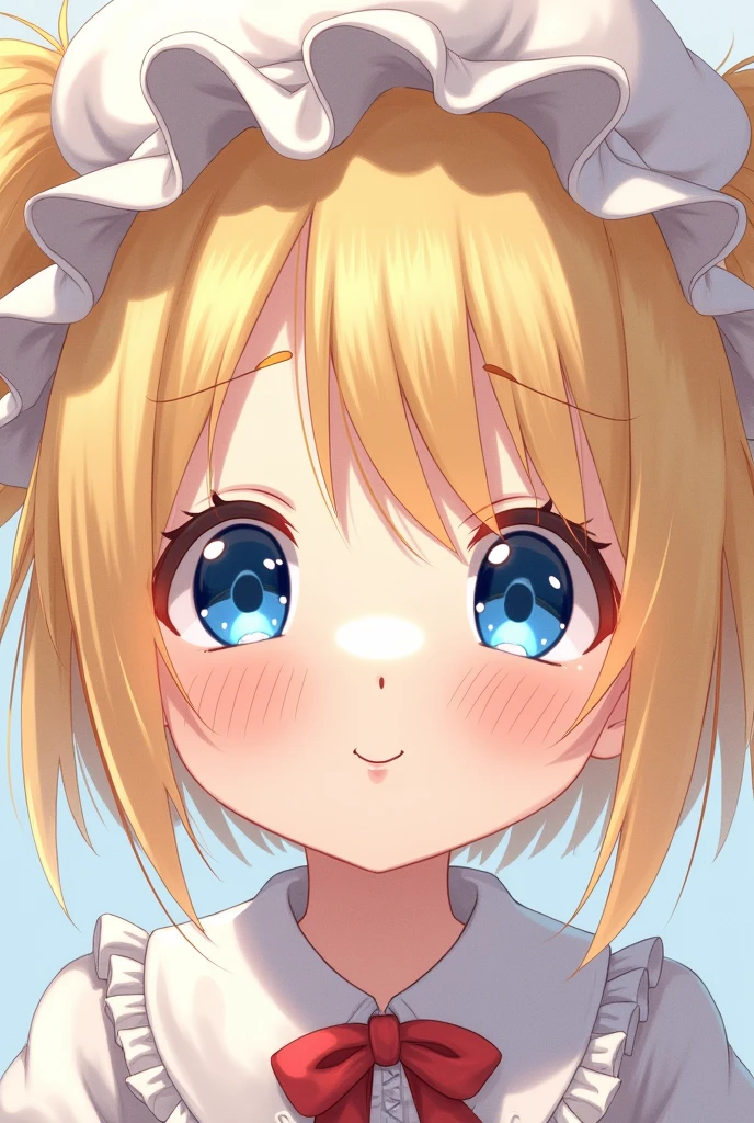 One girl, smile, Open your mouth, blue eyes, Blonde, Headpiece, Twin tails, Droopy eyes, Status Table, High resolution, masterpiece, Anatomically correct, High detail, high quality, Textured skin,