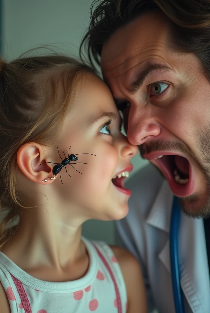 
Create a YouTube thumbnail image showing a dramatic scene where an adult (such as a doctor, parent, or other figure) is reacting with an exaggerated expression of shock and horror. The adult is leaning towards the ear of a young girl, who is partially visible in the frame. The focus is on the girl's ear, from which a few detailed, large ants are either emerging or are very close to it, making them the center of attention. The girl shows a mild expression of discomfort or curiosity. The background should be slightly blurred or neutral in color to emphasize the facial expressions and the detail of the ants. Use vibrant and contrasting colors to make the key elements stand out clearly. The image should convey a sense of urgency and surprise without any text.
 The size of the picture has to be 16:9  en horizontal por favor 
This prompt will create a striking and attention-grabbing visual for your thumbnail.























