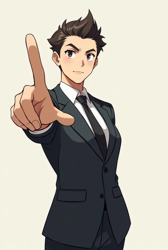keep the art style and hair but make the eyebrow thinier, put a standart necktie, and make the chracter point up
