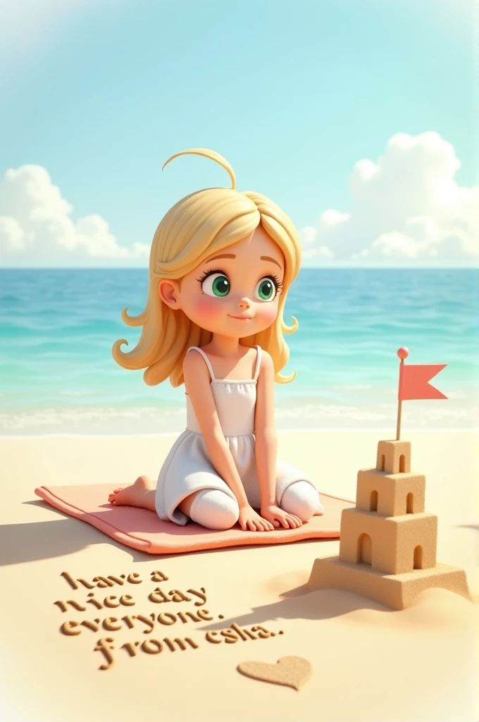 A 3D render of a watercolor painting of a five-year-old blonde girl sitting on a sun-kissed sandy beach. The girl has expressive, light green eyes and is wearing a white dress. She is sitting on a towel. In the foreground, there's a sandcastle with a small flag. The background features a calm ocean and a clear sky. The sand near the girl is inscribed with a heart and the words "Have a Nice Day Everyone From Esha ".