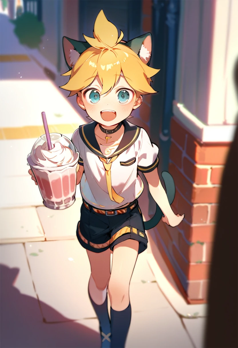 1 boy, (male child),(Kagamine Len), cute, cat ears and tail, sailor uniform, collar tie, shorts, slim, walking on a street, excited, drinking milkshake, satisfied smile