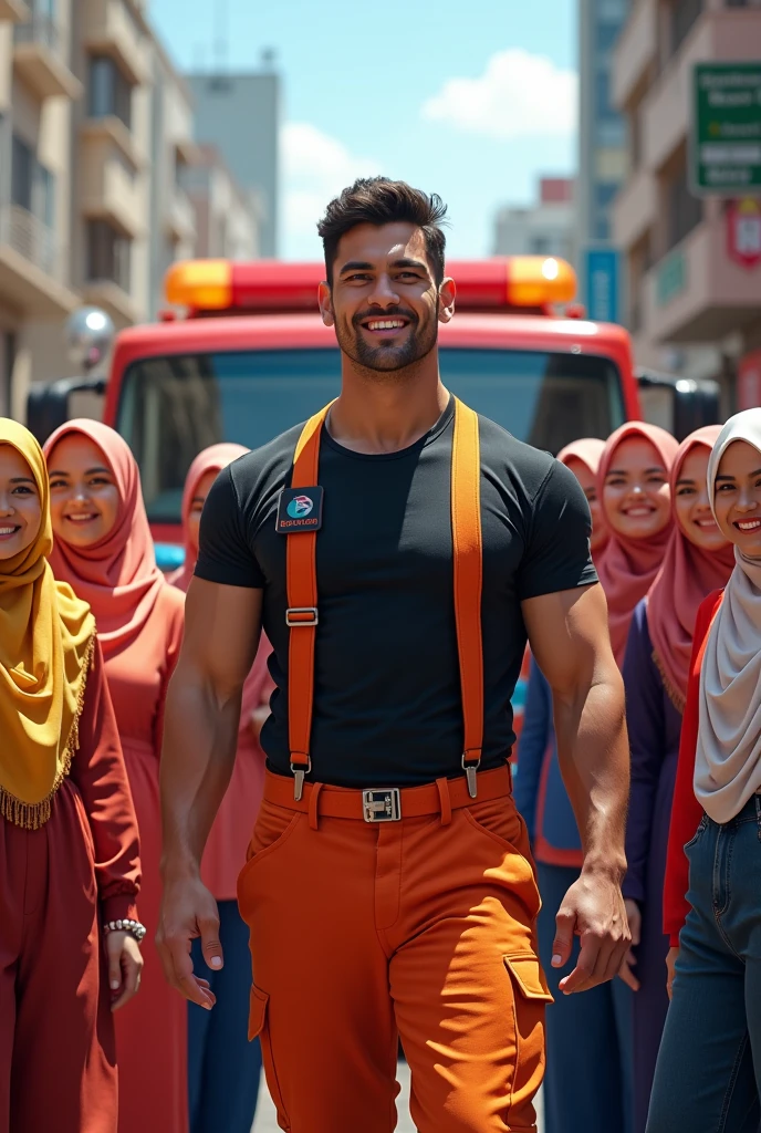 Malaysia guy age 2s. 3 big muscle Handsome Man wear Blackshirt. Cargo pant orange firefighter jumpsuit wear tight in . Very muscle body. many girl hijab colorfull women cheerfull face clapping hand surrounded man . Firetruck background