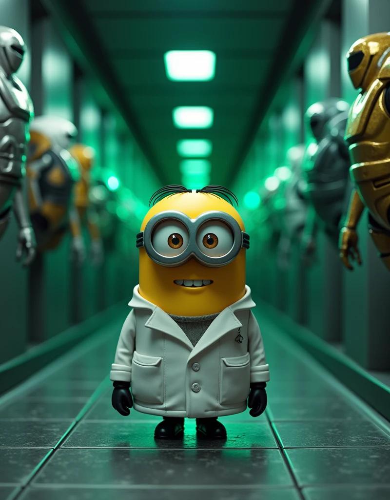 Minion Kevin in scientist suit.Enter a secret room filled with high-tech armor. The armors are hung on the wall with flashing green lights., trong phòng công nghệ cao