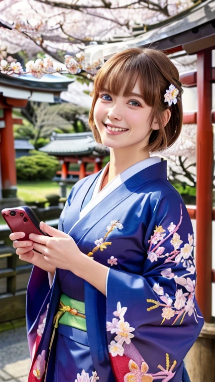 (RAW shooting), (Photorealistic), ((masterpiece)), ((Highest quality)), (Very detailedな), ((cute)), cute, ((Very detailed)), (beautiful目), (Detailed facial features), (Thin fingers), (Detailed characteristics of the garment), 4K, (8k), Highest quality, (beautiful), (Upper Body:1.3), (Selfie:1.3), (Japanese shrine with vibrant cherry blossoms:1.4), ((walk)), sunrise, Beautiful woman, alone, (High-quality kimonos in vibrant colors:1.3), (Gorgeous embroidered kimono:1.3), beautiful Light Brown hair, beautiful Blue Eyes, ((beautiful目)), short hair, White teeth, (great joy:1.3), Lens flare, Shining with colored light, Shiny
