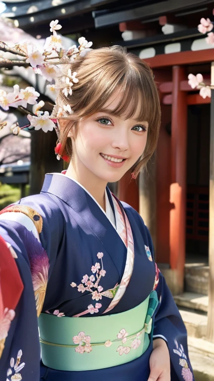 (RAW shooting), (Photorealistic), ((masterpiece)), ((Highest quality)), (Very detailedな), ((cute)), cute, ((Very detailed)), (beautiful目), (Detailed facial features), (Thin fingers), (Detailed characteristics of the garment), 4K, (8k), Highest quality, (beautiful), (Upper Body:1.3), (Selfie:1.3), (Japanese shrine with vibrant cherry blossoms:1.4), ((walk)), sunrise, Beautiful woman, alone, (High-quality kimonos in vibrant colors:1.3), (Gorgeous embroidered kimono:1.3), beautiful Light Brown hair, beautiful Blue Eyes, ((beautiful目)), short hair, White teeth, (great joy:1.3), Lens flare, Shining with colored light, Shiny
