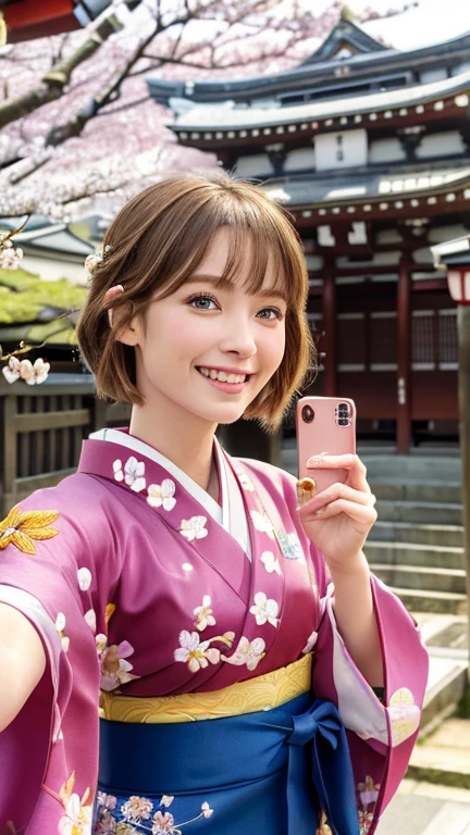 (RAW shooting), (Photorealistic), ((masterpiece)), ((Highest quality)), (Very detailedな), ((cute)), cute, ((Very detailed)), (beautiful目), (Detailed facial features), (Thin fingers), (Detailed characteristics of the garment), 4K, (8k), Highest quality, (beautiful), (Upper Body:1.3), (Selfie:1.3), (Japanese shrine with vibrant cherry blossoms:1.4), ((walk)), sunrise, Beautiful woman, alone, (High-quality kimonos in vibrant colors:1.3), (Gorgeous embroidered kimono:1.3), beautiful Light Brown hair, beautiful Blue Eyes, ((beautiful目)), short hair, White teeth, (great joy:1.3), Lens flare, Shining with colored light, Shiny