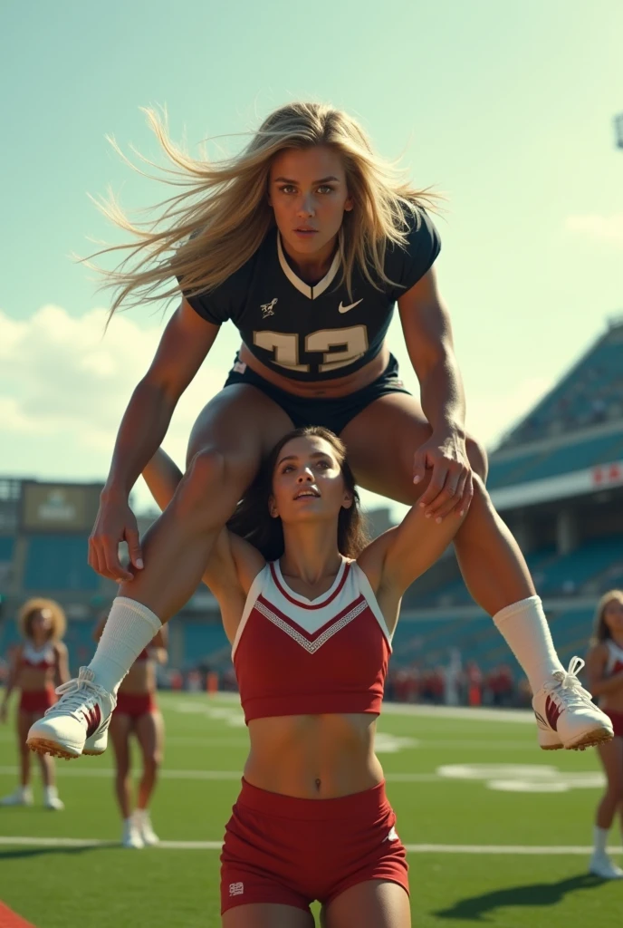 Blonde, Beautiful, and strong teen cheerleader lifting a large male football player high above her head with her strong arms. Photorealistic. View from a distance. Wide angle.