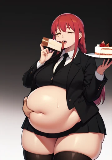 (masterpiece, best quality), 1girls, big belly, blurry background, huge belly, art by kipteitei, round belly, chubby, curvy, long hair, red hair, black mini skirt, thighhighs, simple_background, gradient_background, belly bursting out of black ,(((black suit jacket))), long sleeves, wearing a black tie, enormous belly, fat belly, thicc, bigger belly, really big belly, jiggly belly, giant huge belly, big enormous belly, ((((gigantic belly)))), bloated belly, fat belly, ginormous big belly, expanding big belly, sfw, safe for work, kneeling on bed, sfw (safe for work), makima, (((a person out of frame is feeding her cake, cake is being shoveled into her mouth, her lips are closed around a slice of cake, a platter of cake, she has her mouth open wide f))), sweating, blushing, (mouth open wide, she is saying aaah), ((her belly is being grabbed and played with by floating hands))