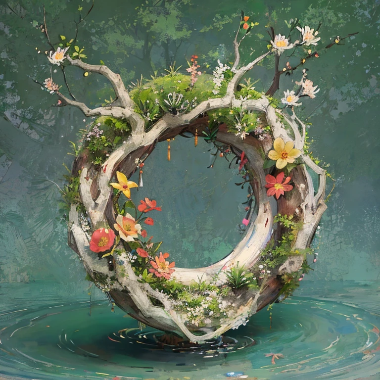 Celluloid style,Japanese anime style,With flowers,Bone,Grass,Twisted tiny dead branches,The ring composed。{The focus of the composition is on the outside of the ring:1.4},{There is a large blank space in the middle of the ring:1.4},The natural atmosphere of the wreath reflects the four solar terms of spring, summer, autumn and winter,Forms a cycle。