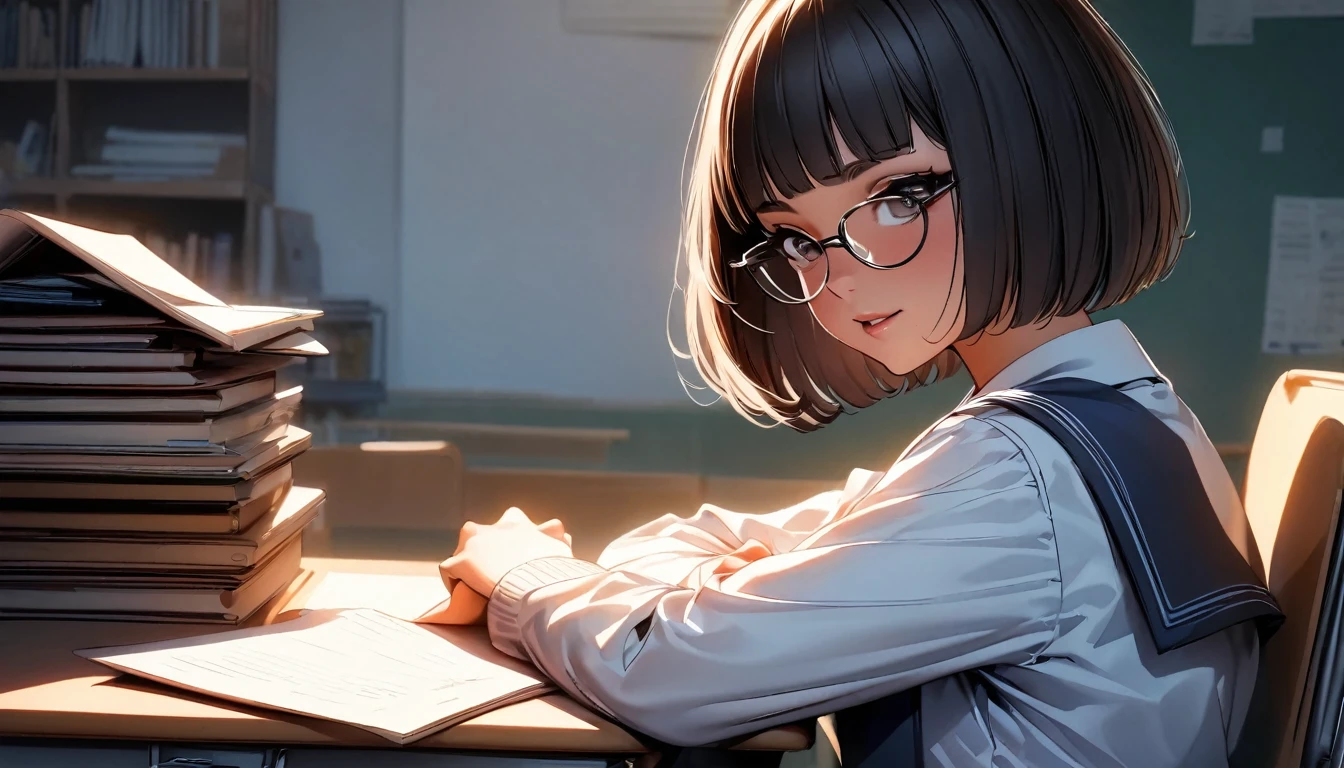 ((highest quality:1.2, Very detailed, up to date, Vibrant, Ultra-high resolution, High Contrast, masterpiece:1.2, highest quality, Best aesthetics), Portraiture、girl、solo, (25-years-old:1), slim, brown eye, Bright colors、Beautiful fine details、Beautiful lip detail、extra short hair, ((bob cut:1.5))、black hair, (highlights hair: 1.6), (medium breast:0.7), (tan skin:0.5), glasses, school uniform, studyind, sitting at the study desk, bright room, look at viewer, side view, (look like asking for help:1),