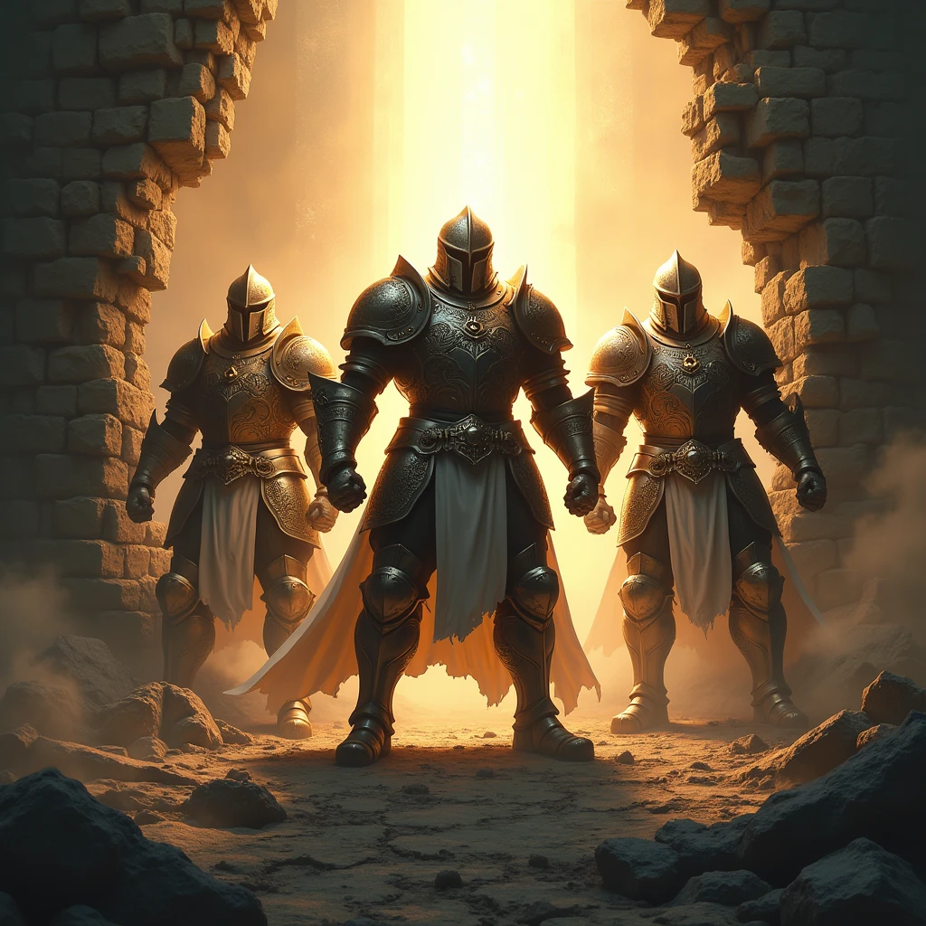 three armored warriors,break wall, light from the heaven, facing the light