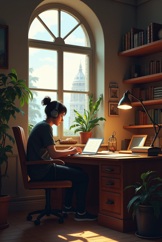 Create an image featuring a charector sitting at a desk with headphones on in a cozy room with warm lighting the room should have elements such as books decoration and a window showing either a cityscape or nature