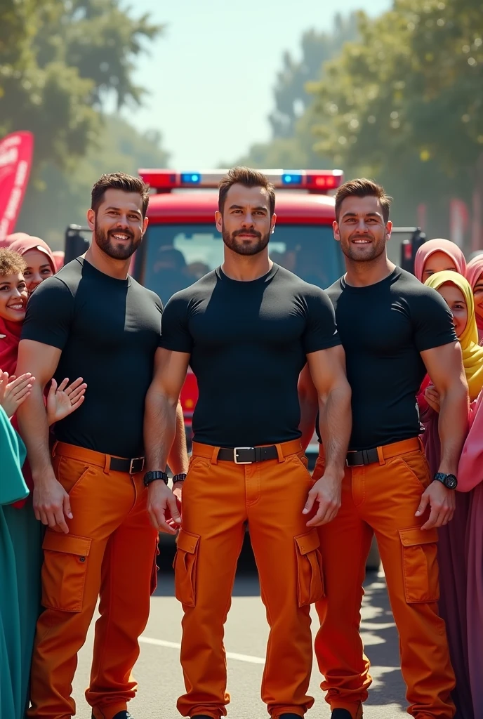 3 bomberos guapos, musculosos, solo usan boxers, with a very large, long and erect bulge in the crotch, que esten sonriendo. Using firefighter items, con chaqueta abierta, sin pantalones