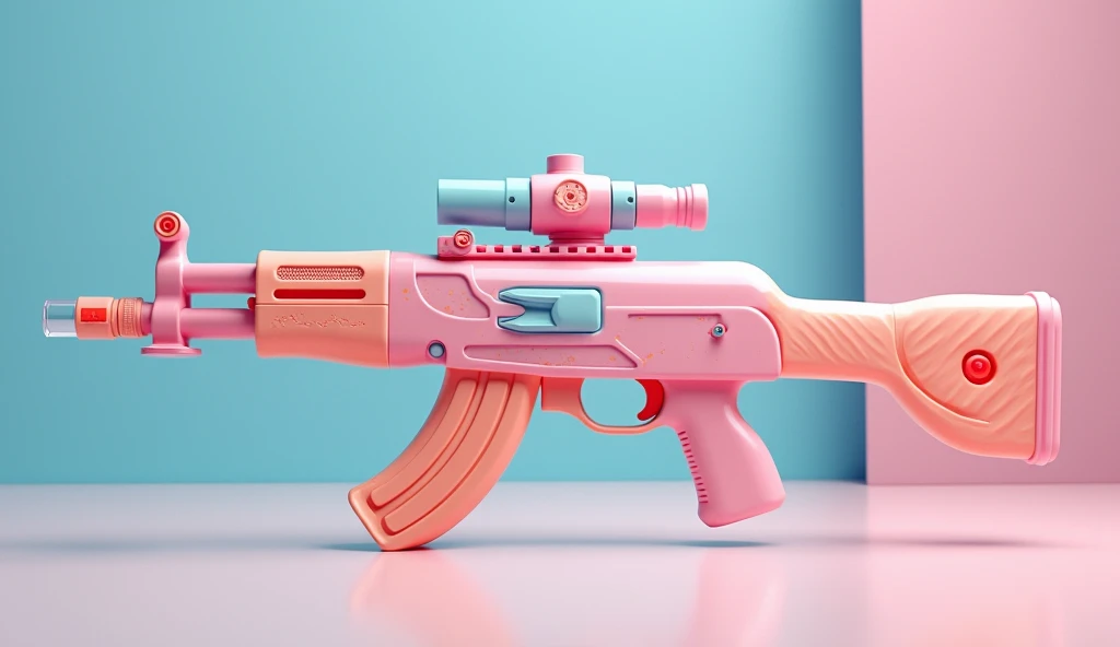 Mini double water gun toy,Integrated rifle mount,Q version,Cute pattern on the surface,Transparent magazine and scope recessed,(Similar structure to AK47),(Double muzzle:1.3),Smooth lines,Plastic material,Three-color Morandi color matching,high quality,Professional Product Photography,Table background,3d, OC Rendering,8K,