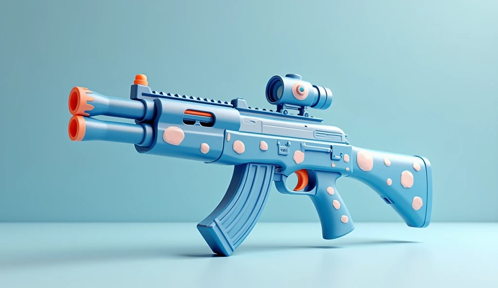 Mini double water gun toy,Integrated rifle mount,Q version,Cute pattern on the surface,Transparent magazine and scope recessed,(Similar structure to AK47),(Double muzzle:1.3),Smooth lines,Plastic material,Three-color Morandi color matching,high quality,Professional Product Photography,Table background,3d, OC Rendering,8K,