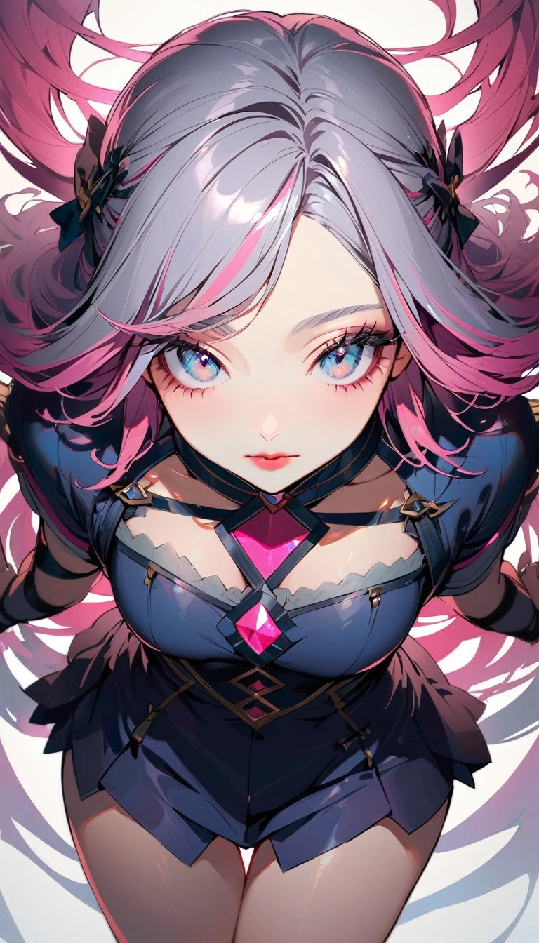 1woman, solo, pink hair, gray eyes, detailed eyes, eyelashes, light lips, 25years old, キス待ち顔, (cowboy shot:1.3), from above