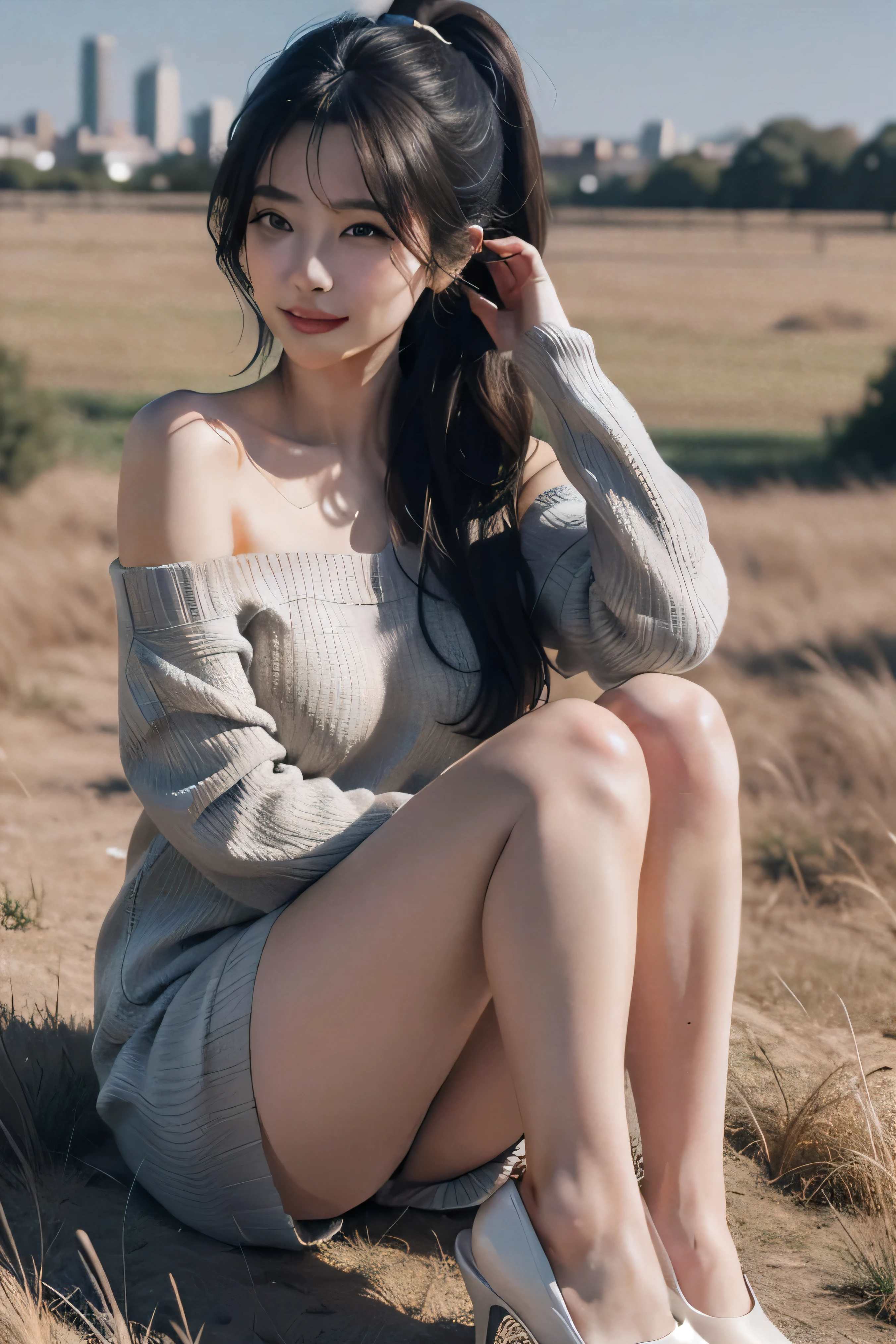 A digital illustration in anime style featuring a full-body portrait of a girl standing in a grass field. She has long black hair styled in a ponytail and blue eyes. She is wearing an off-shoulder white sweater, a black glossy satin pencil skirt, and black high heels. The illustration should be ultra-realistic and high resolution (8K), with a clear and sharp depiction of the entire character from head to toe. The girl is smiling, with beautifully structured features and elegantly posed legs highlighted by the high heels. The content should be highly detailed, with an exquisite and sublimely beautiful presentation. The background should include a cityscape, enhancing the overall masterpiece quality of the illustration.
