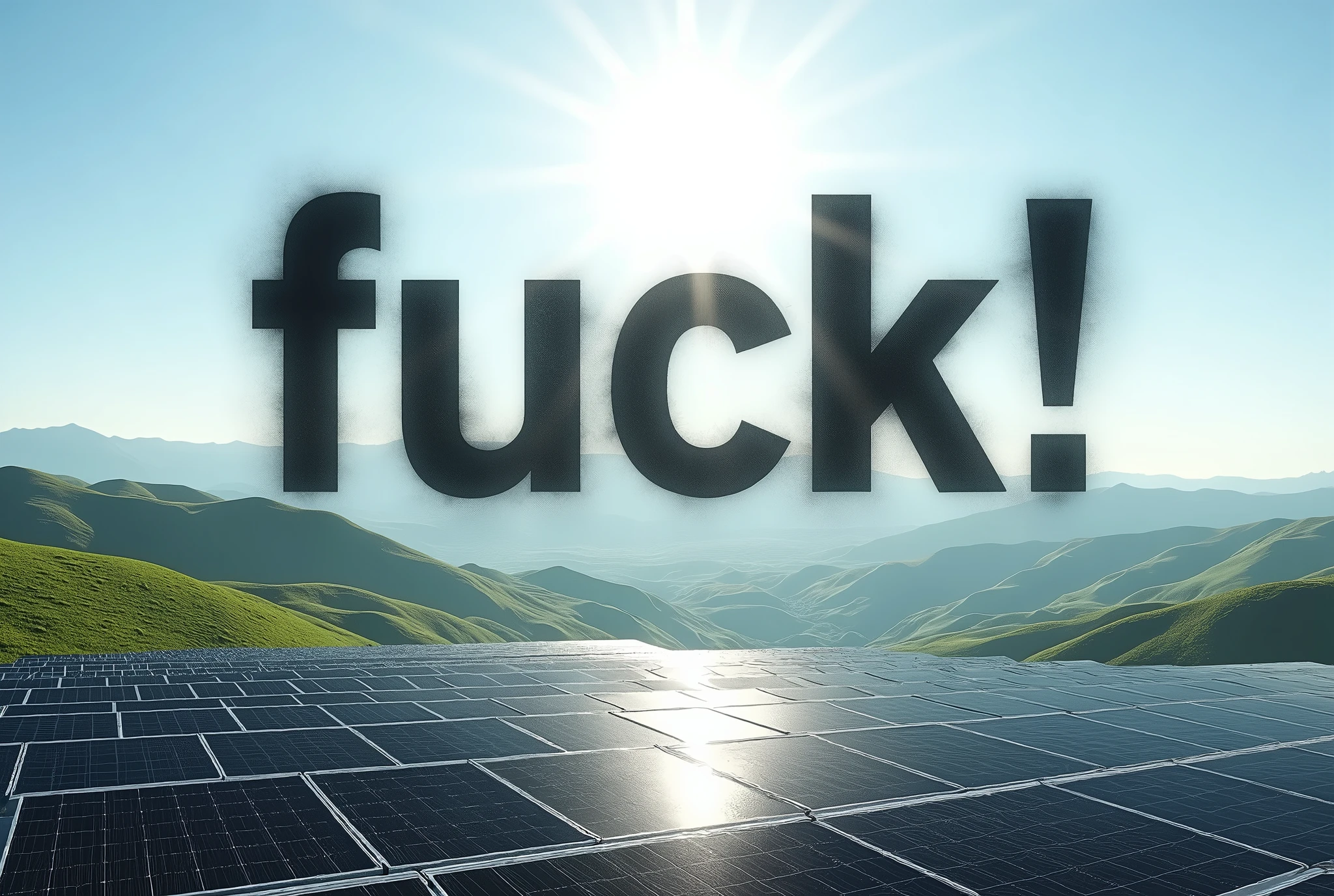 A picturesque scene of rolling green hills, completely covered by a vast array of photovoltaic panels, stretches out under a clear blue sky. The once-lush landscape is now a sea of shimmering solar panels, their sleek, dark surfaces reflecting the sunlight. The contrast between the natural curves of the hills and the geometric precision of the solar panels creates a striking image of modern technology seamlessly integrated with the natural world. The scene captures the essence of sustainable energy, with the panels quietly harvesting the sun's power, transforming the landscape into a symbol of progress and environmental consciousness. [(Suspended in the air between scene and the viewer, a translucent, almost ghostly black message reads exactly: "Fuck!". The text appears as if it's floating, blurred at the edges, with the letters formed from a faint mist or white smoke that lingers in the space. The smoky words are readable, though not overly bright, hovering just in front of his gaze, creating a surreal yet powerful effect. Text exactly says: "Fuck!". They seem to be written in chalk. The text says: "Fuck!". semi-transparent text that reads 'Fuck!' in a dramatic, bold font. The text almost acts as a title, floating in the air, partially obscuring the scene but enhancing the overall tension and urgency of the moment)]
