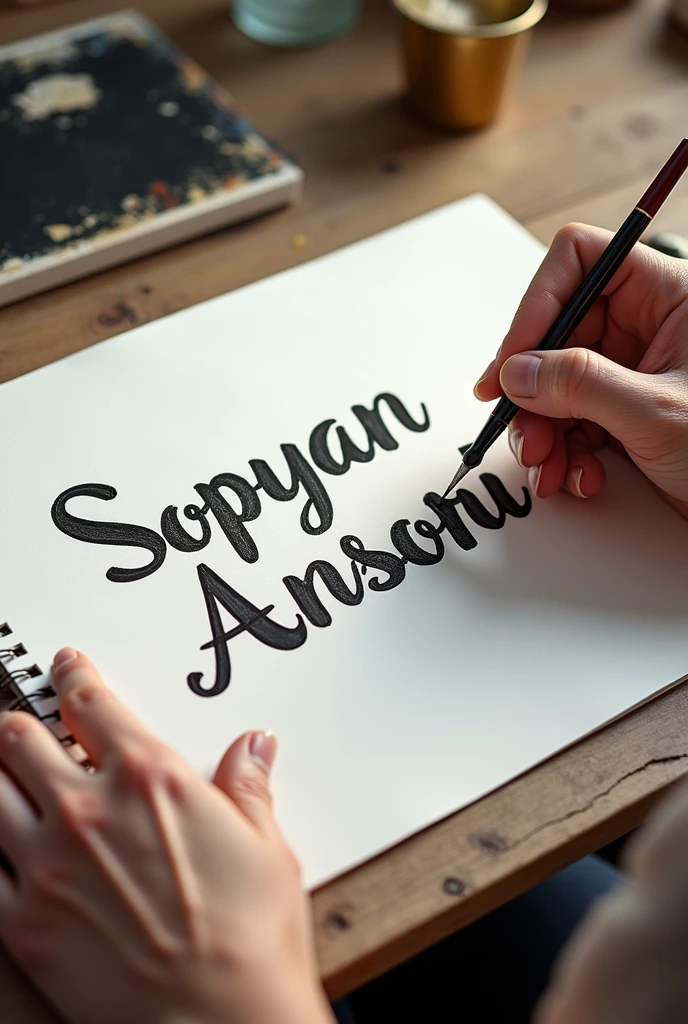 Write SOPYAN ANSORI on drawing paper using a nicer and more beautiful font with a background of a person showing the painting of the name! but just show his hands. The image is like a real human