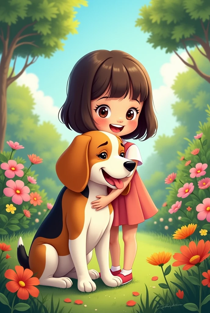 Please create a disney animated photo of a girl with bob hair with bangs hugging a tricolor beagle in the garden