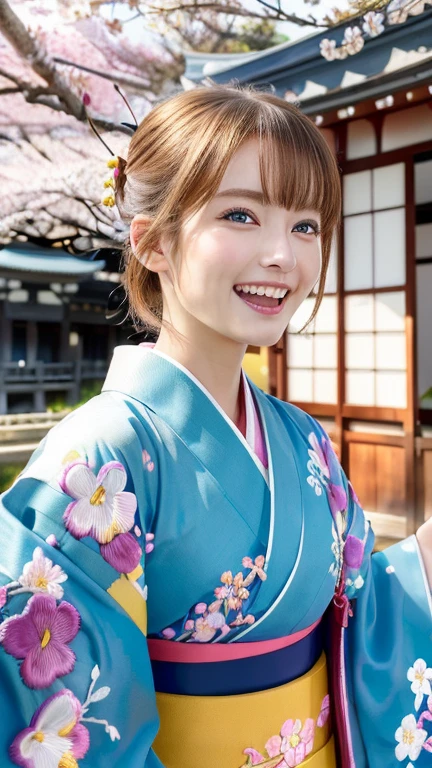 (RAW shooting), (Photorealistic), ((masterpiece)), ((Highest quality)), (Very detailedな), ((cute)), cute, ((Very detailed)), (beautiful目), (Detailed facial features), (Thin fingers), (Detailed characteristics of the garment), 4K, (8k), Highest quality, (beautiful), (Upper Body:1.3), (Selfie:1.3), (Japanese shrine with vibrant cherry blossoms:1.4), ((walk)), sunrise, Beautiful woman, alone, (High-quality kimonos in vibrant colors:1.3), (Gorgeous embroidered kimono:1.3), beautiful Light Brown hair, beautiful Blue Eyes, ((beautiful目)), short hair, White teeth, (great joy:1.3), Lens flare, Shining with colored light, Shiny
