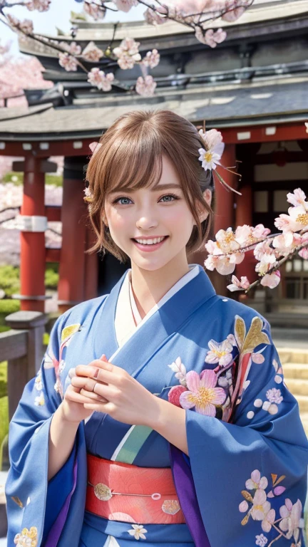 (RAW shooting), (Photorealistic), ((masterpiece)), ((Highest quality)), (Very detailedな), ((cute)), cute, ((Very detailed)), (beautiful目), (Detailed facial features), (Thin fingers), (Detailed characteristics of the garment), 4K, (8k), Highest quality, (beautiful), (Upper Body:1.3), (Selfie:1.3), (Japanese shrine with vibrant cherry blossoms:1.4), ((walk)), sunrise, Beautiful woman, alone, (High-quality kimonos in vibrant colors:1.3), (Gorgeous embroidered kimono:1.3), beautiful Light Brown hair, beautiful Blue Eyes, ((beautiful目)), short hair, White teeth, (great joy:1.3), Lens flare, Shining with colored light, Shiny