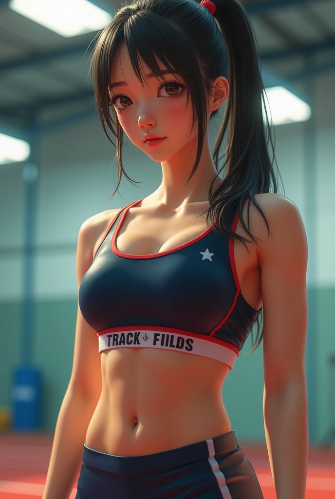 Track and field club、Female university student、1、Japanese,Cute face、Track and field clubユニフォーム、Sweating、Uniforms that expose a lot of skin、((Muscular))、(((Six-pack)))、sexy、(best quality,4K,8k,highres,masterpiece:1.2),ultra-detailed,(realistic,photorealistic,photo-realistic:1.37),HDR,uhd,studio lighting,ultra-fine painting,sharp focus,physically-based rendering,extreme detail description,professional,vivid colors,bokeh,cinematic lighting,dramatic shadow、High resolution, High-resolution model, Retina, Textured skin, Ultra high definition, accurate, Very detailed, Anatomically correct,