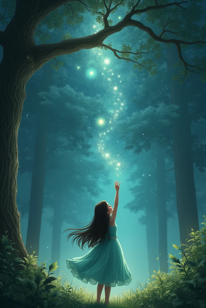a girl with long dark brown hair, with mint-colored princess cut dress, The girl wanting to touch with one hand the night sky with bright stars, located in a forest standing in front of a large tree in 4d