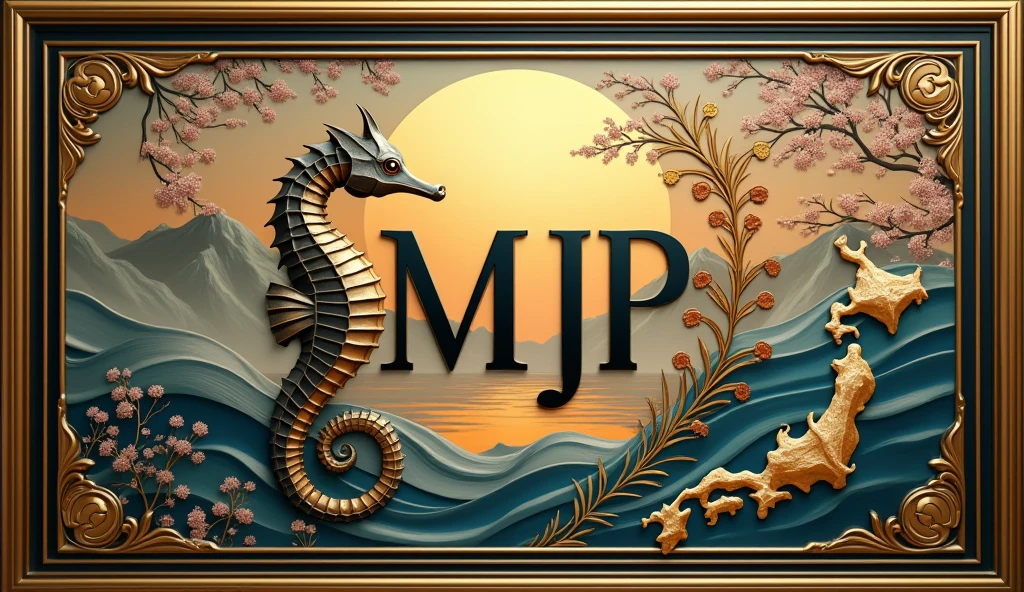 A logo design was created with the letters MJP in the center.。Japanese floating painting style、Seahorse Design. Japanese style、Japanese-style、high quality, A luxurious image. In the center is a map of Japan、Malaysia map hidden..
All designs are housed in luxurious gold frames