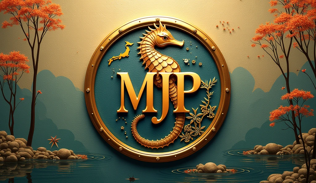 A logo design was created with the letters MJP in the center.。Japanese floating painting style、Seahorse Design. Japanese style、Japanese-style、high quality, A luxurious image. In the center is a map of Japan、Malaysia map hidden..
All designs are housed in luxurious gold frames