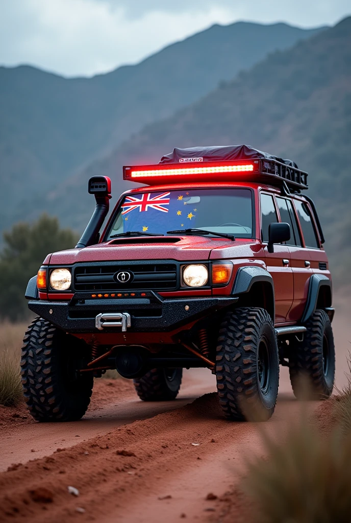 A Toyota Land Cruiser 79 series 4 door with a rgb whip light, beast modifications and a Papua New Guinea flag sticked on it’s windshield.