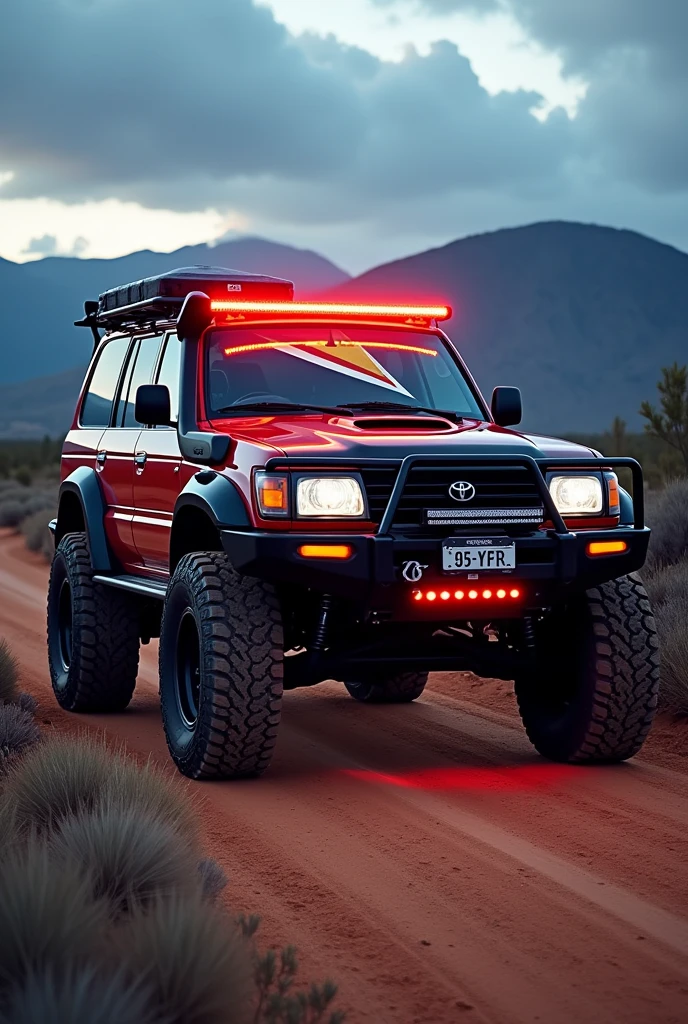 A Toyota Land Cruiser 79 series 4 door with a rgb whip light, beast modifications and a Papua New Guinea flag sticked on it’s windshield.