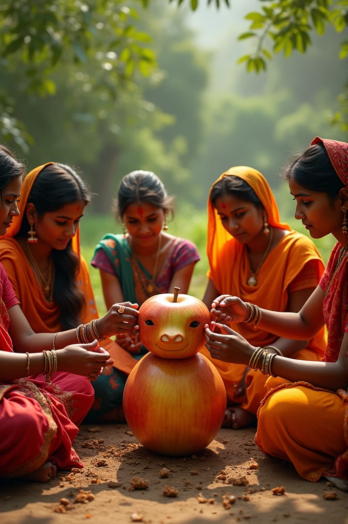Indian womens creating cow on apple