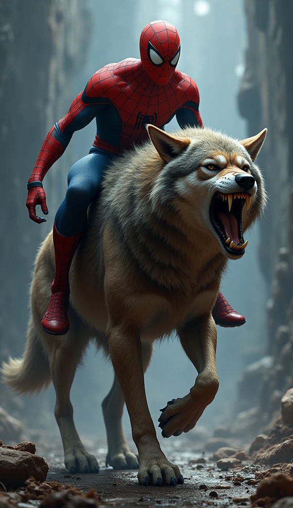 Spider man riding on wolf  muscle roaring 