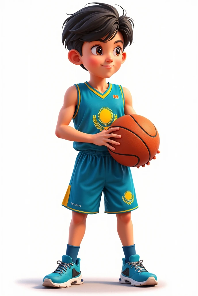 ((officially)) ((masterpiece)) ((Best quality)) ((detailed)) cartoon boy basketball player with ball in uniform with emblem flag of Kazakhstan on white background