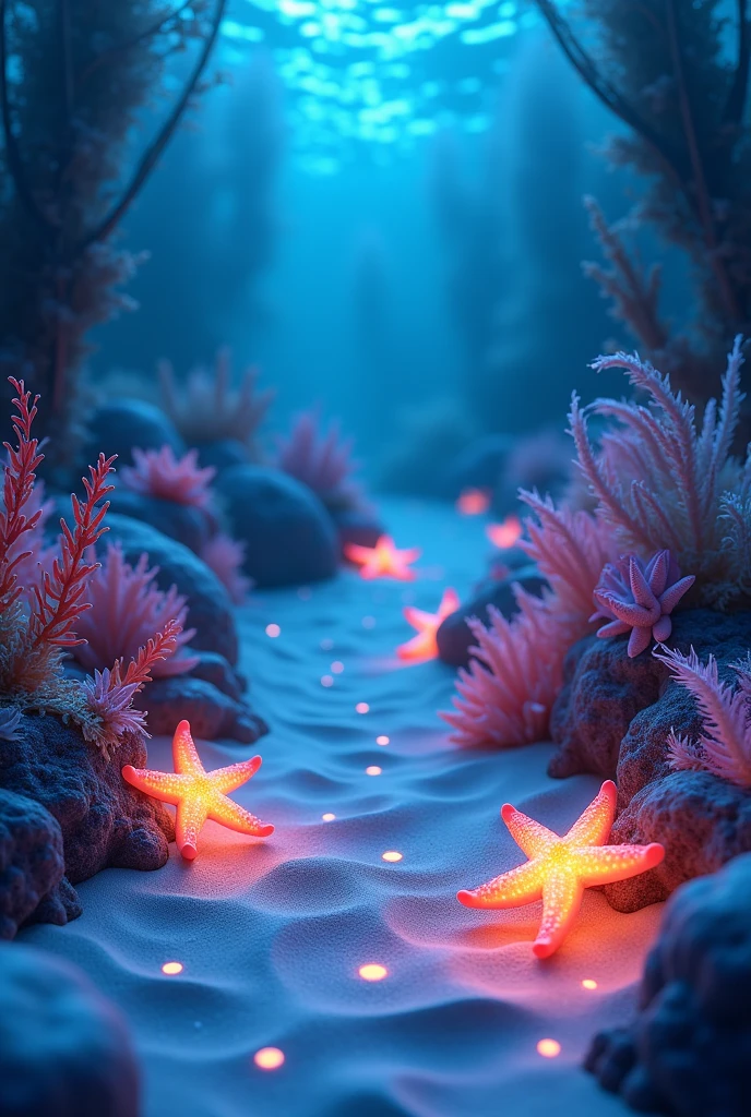 SubmarineEden, underwater world, sandy floor, luminescent mini plants, glowing starfish, no_humans, calm ocean depths, soft sand ripples, gentle light rays, otherworldly underwater_light, peaceful marine setting, vibrant seabed, radiant aquatic flora, soft reflections, magical color palette, serene ambiance (perfect masterpiece, best quality, best resolution:1.5)(perfect CG 8K UHD unity wallpaper)"