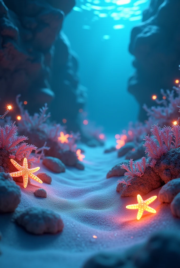 SubmarineEden, underwater world, sandy floor, luminescent mini plants, glowing starfish, no_humans, calm ocean depths, soft sand ripples, gentle light rays, otherworldly underwater_light, peaceful marine setting, vibrant seabed, radiant aquatic flora, soft reflections, magical color palette, serene ambiance (perfect masterpiece, best quality, best resolution:1.5)(perfect CG 8K UHD unity wallpaper)"