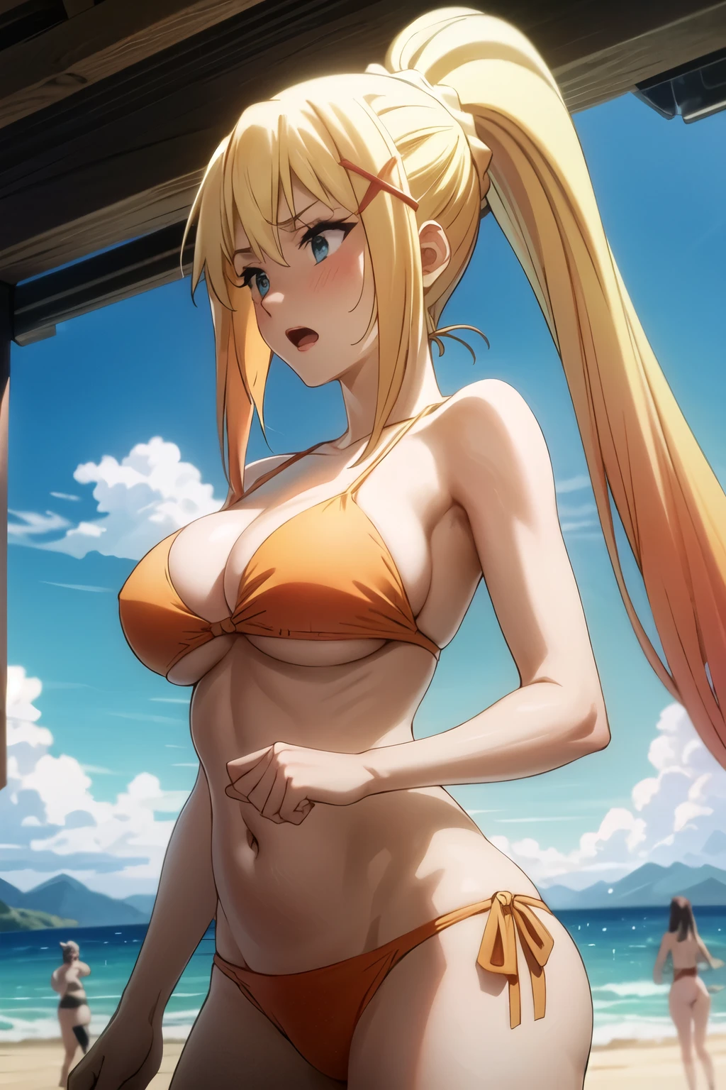 (masterpiece:1.0),(Highest_quality:1.0), 超High resolution,4K,Very detailed, photograph, 8k, High resolution, perfect eye, perfect face, (Lalatina Dusty ford KonoSuba), One girl, blonde hair, lengthmhair, hair ornament, Vatu hair ornament, ponytail, green eye, perfect eye, perfect face,Parody, Open mouth, Large Breasts, (orange bikini: 1.3), standing, Cowboy Shot, outdoor, beach