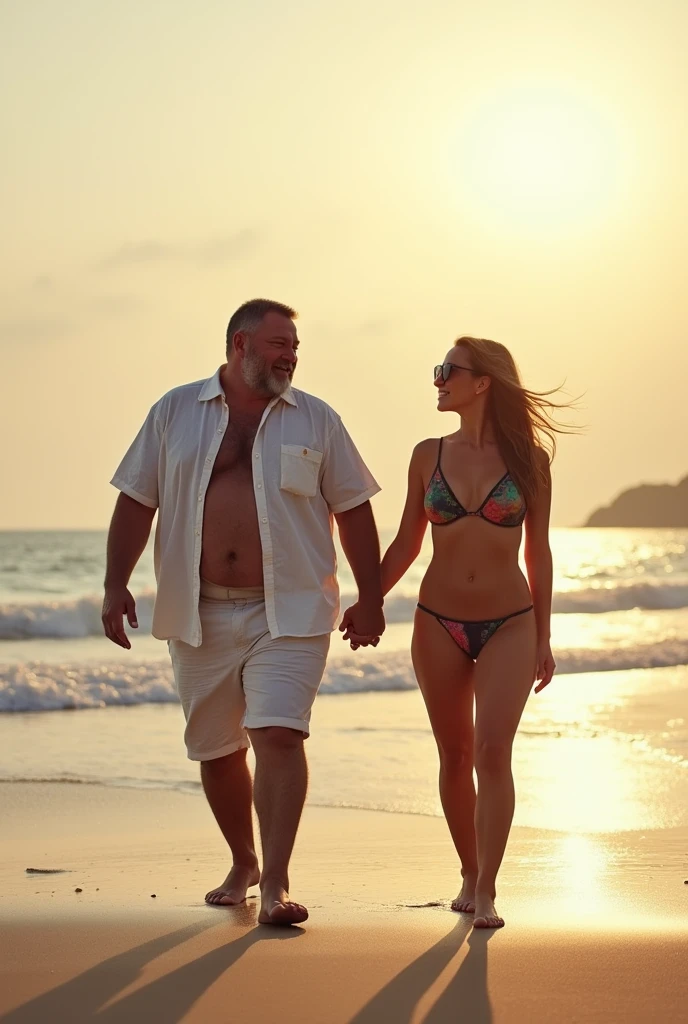 A pot-bellied man walks hand in hand with his young wife in a bikini on the beach in the morning.