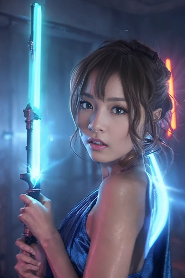 Star Wars, Jedi Master, woman, Beauty, Cute Face, , Wearing a Jedi robe, Lightsaber in hand, The blade burns blue, Jedi Temple