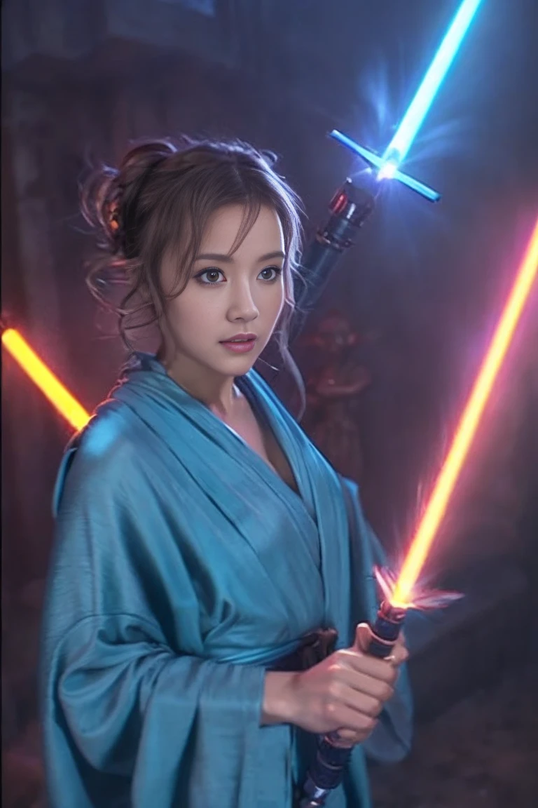Star Wars, Jedi Master, woman, Beauty, Cute Face, , Wearing a Jedi robe, Lightsaber in hand, The blade burns blue, Jedi Temple