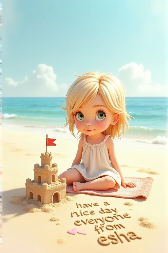 A 3D render of a watercolor painting of a five-year-old blonde girl sitting on a sun-kissed sandy beach. The girl has expressive, light green eyes and is wearing a white dress. She is sitting on a towel. In the foreground, there's a sandcastle with a small flag. The background features a calm ocean and a clear sky. The sand near the girl is inscribed with a heart and the words "Have a Nice Day Everyone From Esha ".