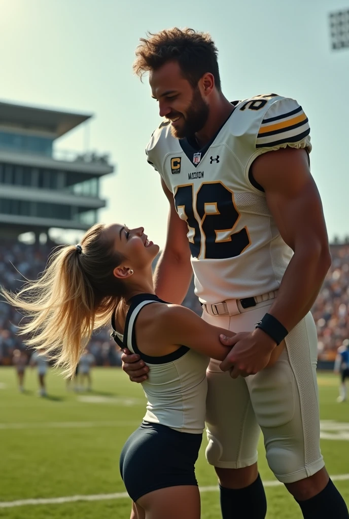 Blonde, Beautiful, and strong teen cheerleader lifting a large male football player high above her head with her strong arms. Photorealistic. View from a distance. Wide angle.