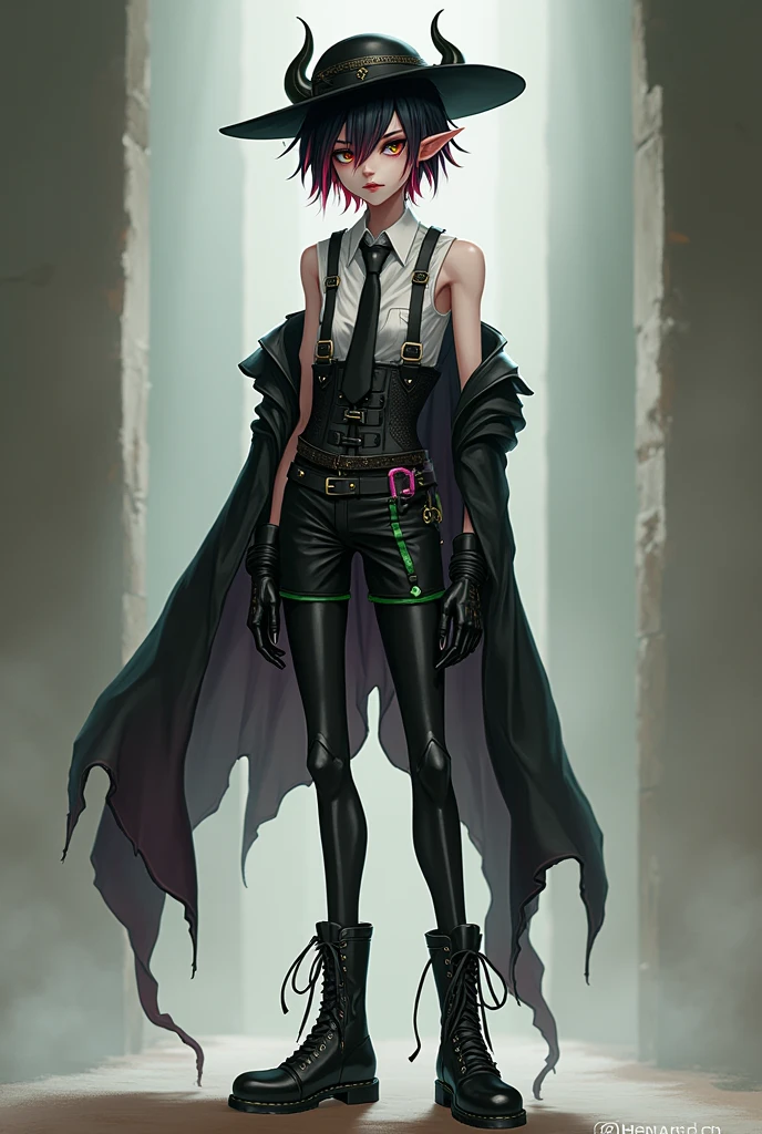 Lily is a small, skinny guy with pale skin.. He has short dark hair with pink strands, Sticking out on the sides and large red-crimson eyes with green shadows. When the guy opens his mouth, You can immediately see small fangs. Like Malleus, He has pointed ears.
As his attire, Lily wears an unbuttoned black uniform with light green stitching, That falls off his shoulders, A black hat with horns and a white shirt with a black tie. He has a pair of black gloves, And straps on his shoulders. Lily has a black corset with belts at the waist, On one side, a corrugated black-violet gradient fabric hangs down, As well as another smaller belt with a miniature spinning wheel accessory, And on the thigh - a few spools of thread. He also wears black shorts with green stripes, Tights with an intricate pattern and black boots on a small green heel.