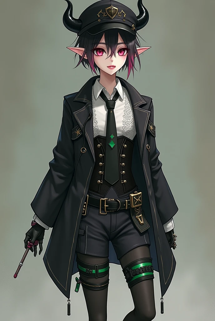 Lily is a small, skinny guy with pale skin.. He has short dark hair with pink strands, Sticking out on the sides and large red-crimson eyes with green shadows. When the guy opens his mouth, You can immediately see small fangs. Like Malleus, He has pointed ears.
As his attire, Lily wears an unbuttoned black uniform with light green stitching, That falls off his shoulders, A black hat with horns and a white shirt with a black tie. He has a pair of black gloves, And straps on his shoulders. Lily has a black corset with belts at the waist, On one side, a corrugated black-violet gradient fabric hangs down, As well as another smaller belt with a miniature spinning wheel accessory, And on the thigh - a few spools of thread. He also wears black shorts with green stripes, Tights with an intricate pattern and black boots on a small green heel.