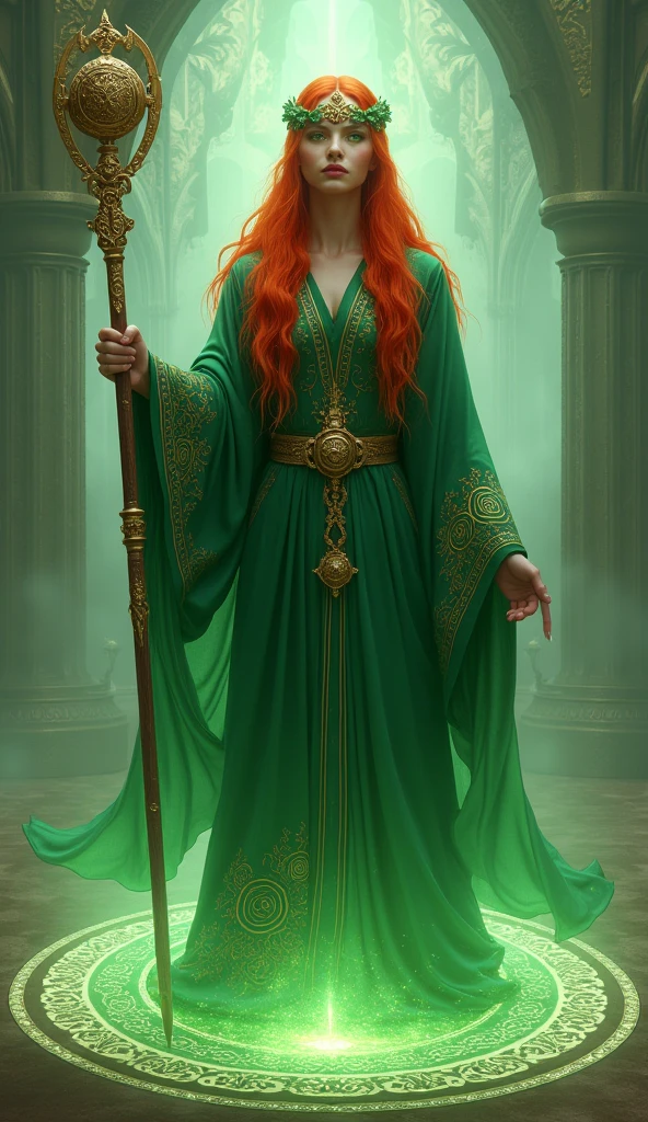 Full body magical pose, 8K high-definition, soft fantasy lighting, serene yet powerful stance, long red hair partially covered by a green headcross, bright green eyes, wearing a green robe with magical circle embroidery on the arms, holding a staff, massive magic circle expanding from feet ("Ultima" ultimate magic), hyper-detailed embroidery patterns, intricate staff decorations, complex designs within the magic circle, vivid contrast between red hair and green attire, feet visible within the magic circle to show full body