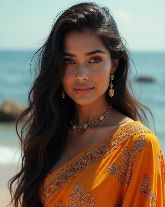 A half body of confident-looking Bangladesh woman with long and thick hair, (masterpiece, best quality:1.2), looking at viewer, hazel eyes, royal and lusty look, posing like a professional model for a photoshoot, (((big breast))), perfect composition and light, hyper realistic, super detailed, 8k, high quality, trending art, trending on art station, photo, intricate details, highly detailed,((cropped open huge boobs)), (((Coastal Charm detail background)))), (((wearing a colourful Saree with designs and patterns with sleeves))), ((((big sexy Hour Glass body shape)))), ((((Coastal Charm detailed background behind her)))), (((Portrait Fashion Photo))), ((long wavy thick hair style)), (((hyper realistic skin texture with makeup with blush face))), hair bobbles, wince, solid circle eyes, light smile, ear blush, fang, ccurate, makeup, Surrealism, drop shadow, anaglyph, stereogram, tachi-e, pov, atmospheric perspective, glowing light, backlighting, ray tracing, image fill, anaglyph, stereogram, scanlines, speed lines, silhouette, vignetting, 8k, super detail, best quality